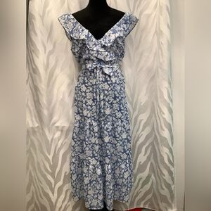 Floral Blue and White Ruffle Dress